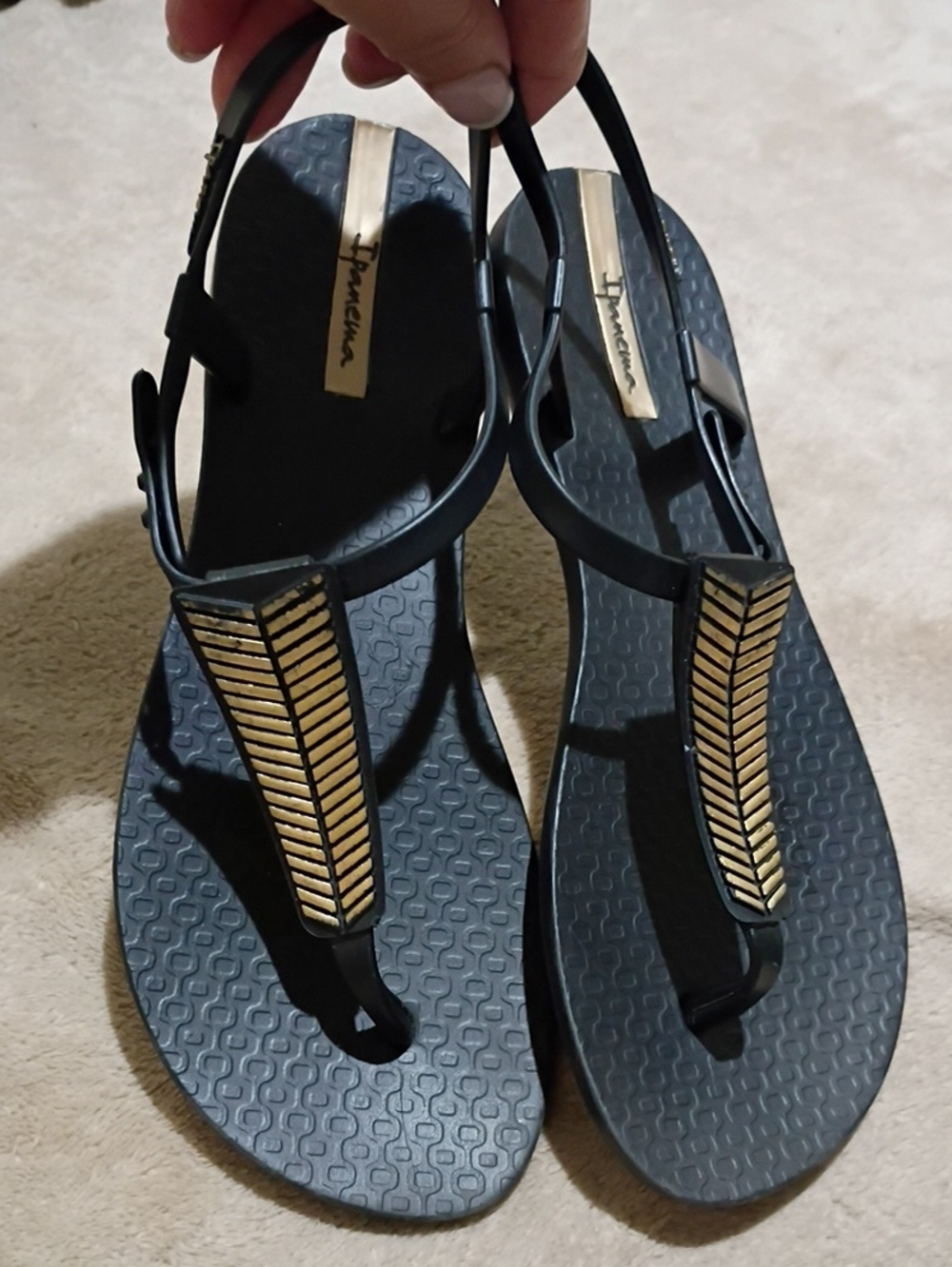 Ipanema Women's Black Sandals with Gold Chevron Detail